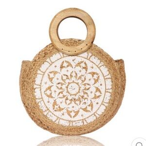 Chloe & Lex White Floral Round Jute Tote Bag with Wooden Handles